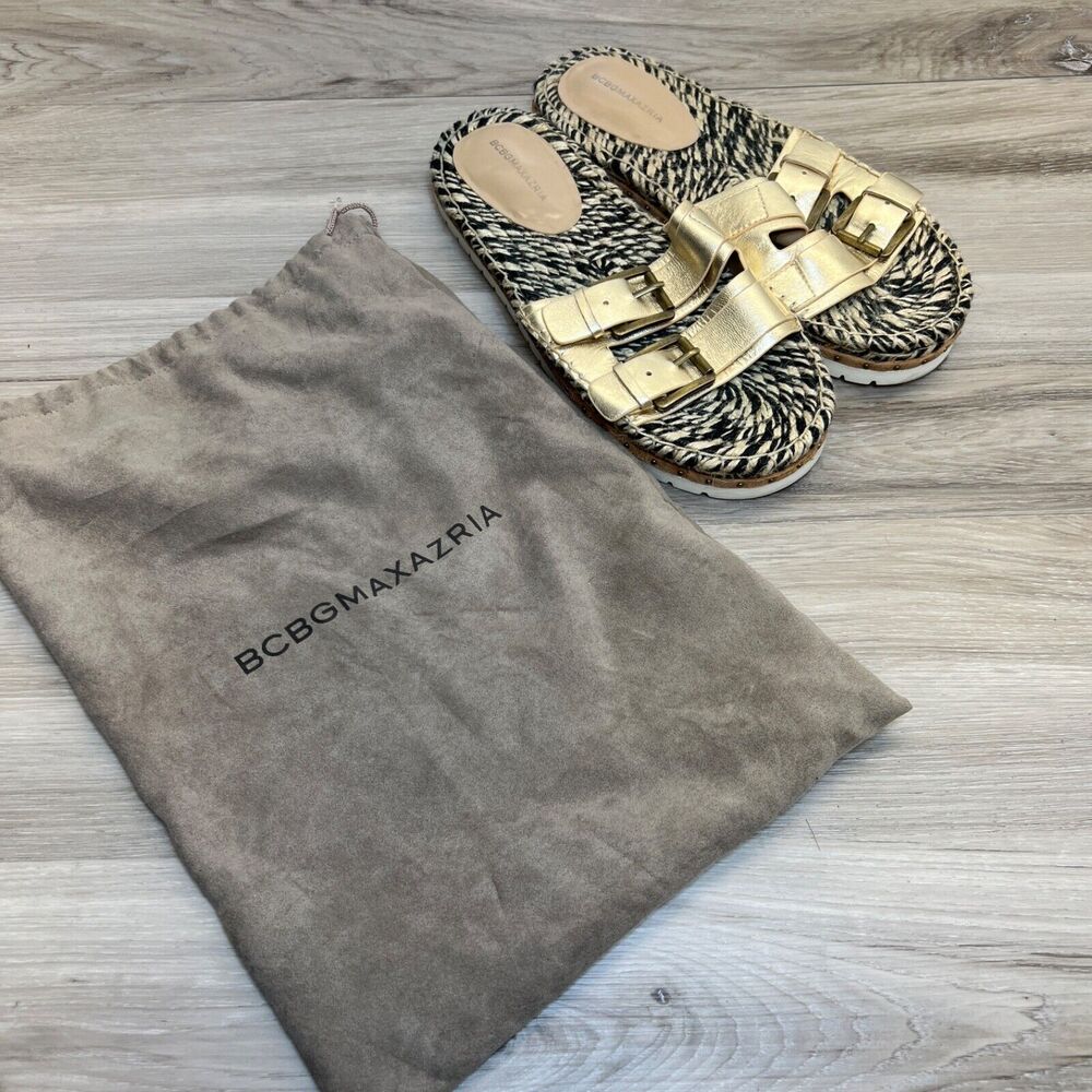 BCBGMAXAZRIA Women's Size 10 Quince Slide Sandals Gold Double Strap Espadrilles